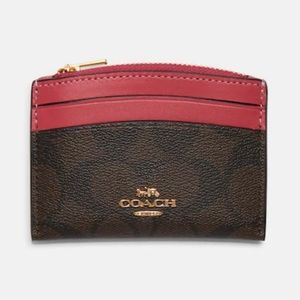 Shaped Card Case In Signature Canvas, brown & strawberry with gold hardware. NWT